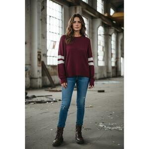 Minnie Rose Cashmere Sweater Womens Small Burgundy Stripe Sleeve 100% Cashmere